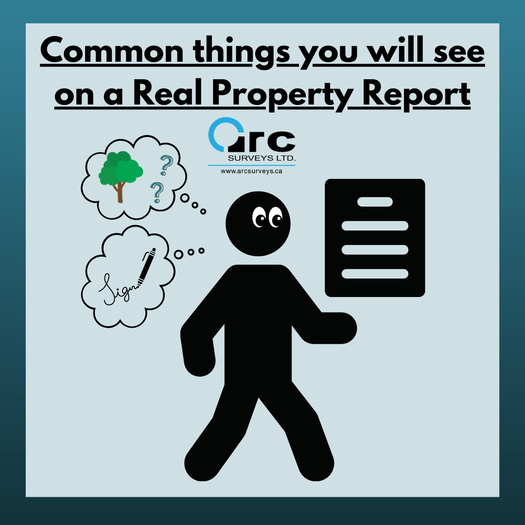 Real property report, common things you will see on a real property report, land surveying, ARC Surveys, compliance
